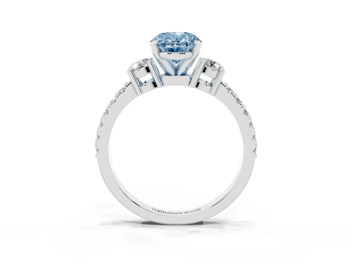 Fancy Blue Oval Cut Three-Stone Diamond Pavé Band with Prong Setting Silver