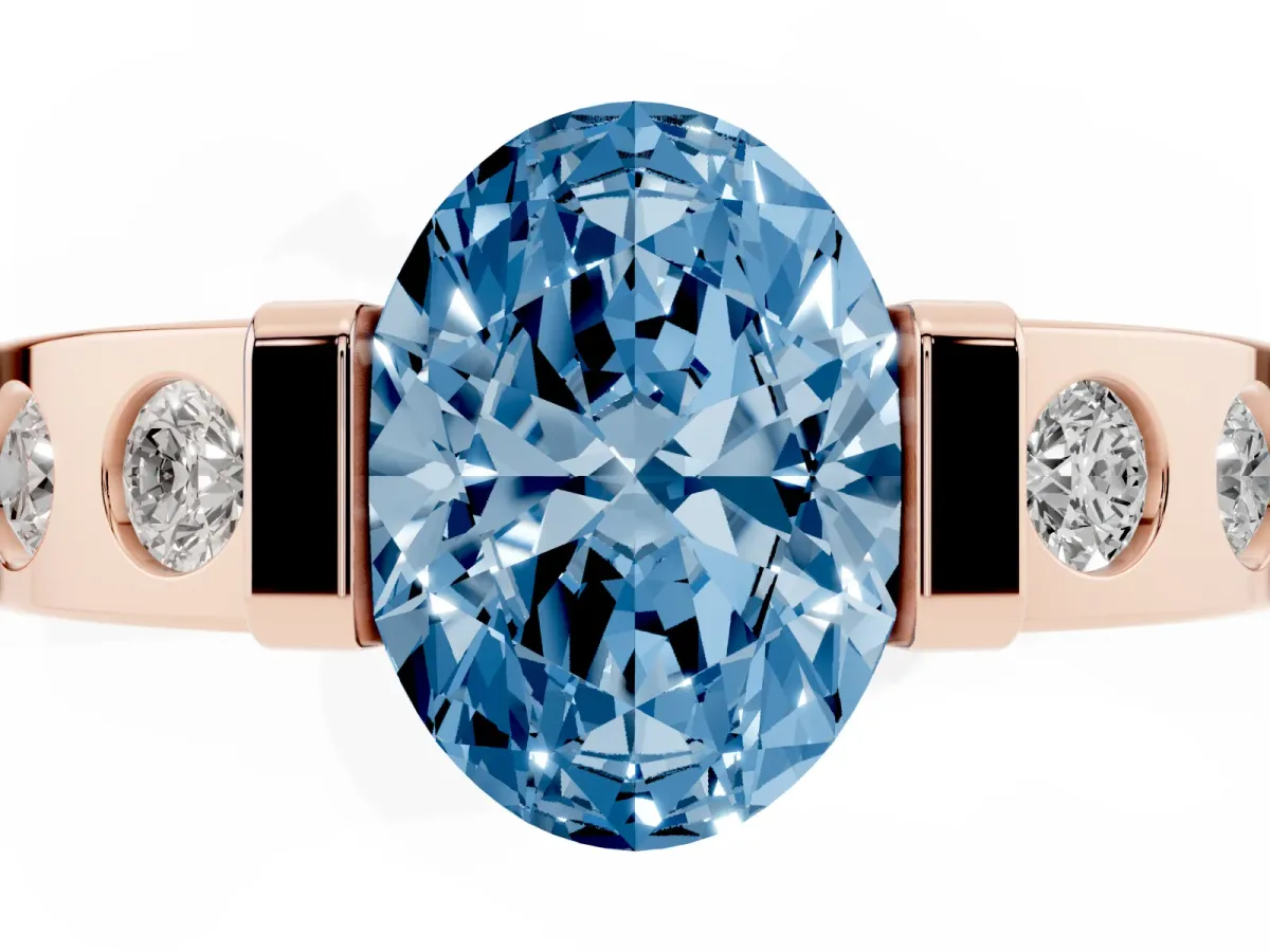 Fancy Blue Oval Cut Brilliant Channel-Set Diamond Ring with Bezel Prong Setting Rose gold
