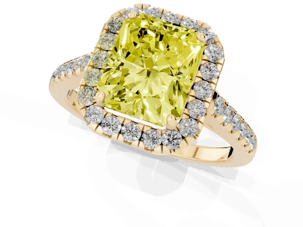 Fancy Yellow Radiant Cut Halo Pave Diamond Engagement Ring with Four-Prong Setting Yellow gold