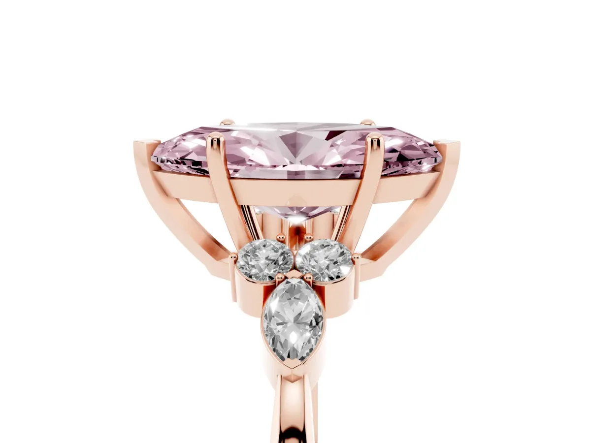 Fancy Pink Marquise Cut Brilliant Diamond Solitaire Ring with Pear Side Stones and Four-Prong Setting Rose gold