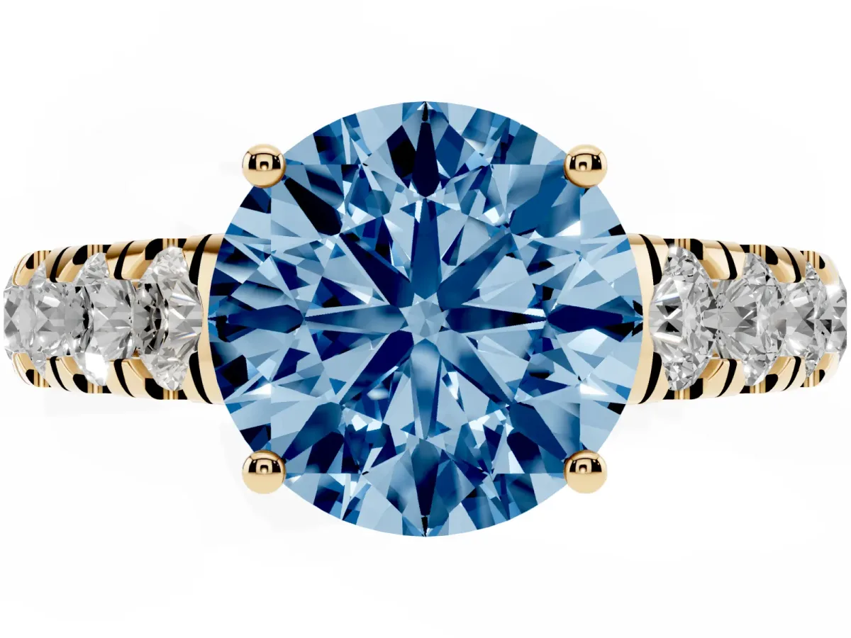 Fancy Blue Round Cut Cut Diamond Solitaire Ring with Micro Pave Band and Prong Setting Yellow gold