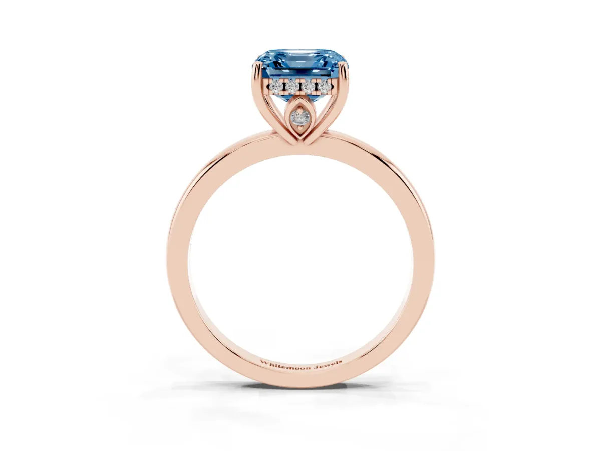 Fancy Blue Asscher Cut Solitaire Diamond Ring with Prong Setting and Plain Band Rose gold