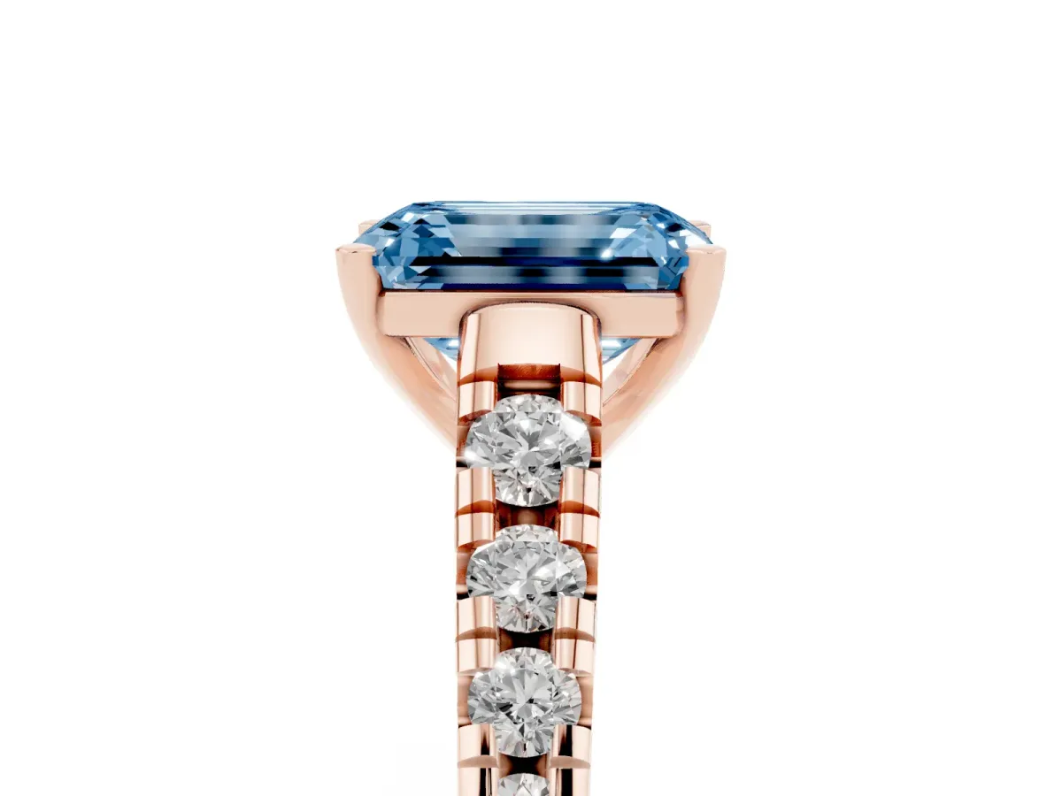 Fancy Blue Emerald Cut Diamond Cathedral Solitaire Ring with Round Pavé Band Rose gold