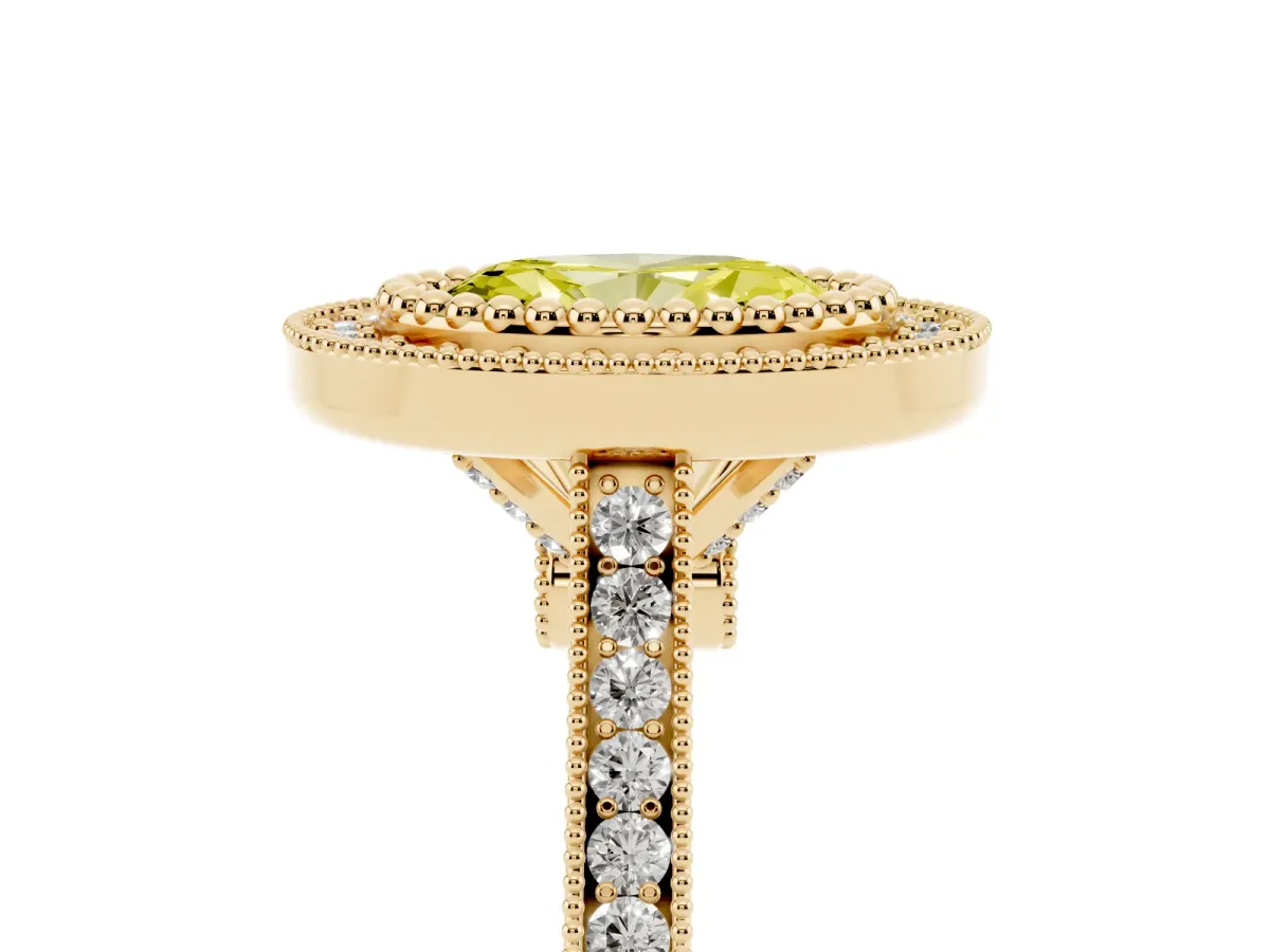 Fancy Yellow Oval Cut Diamond Halo Ring with Milgrain Frame and Pavé Band Yellow gold