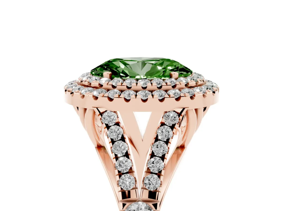 Fancy Green Oval Cut Diamond Pavé Split Shank Double Halo Engagement Ring Rose gold