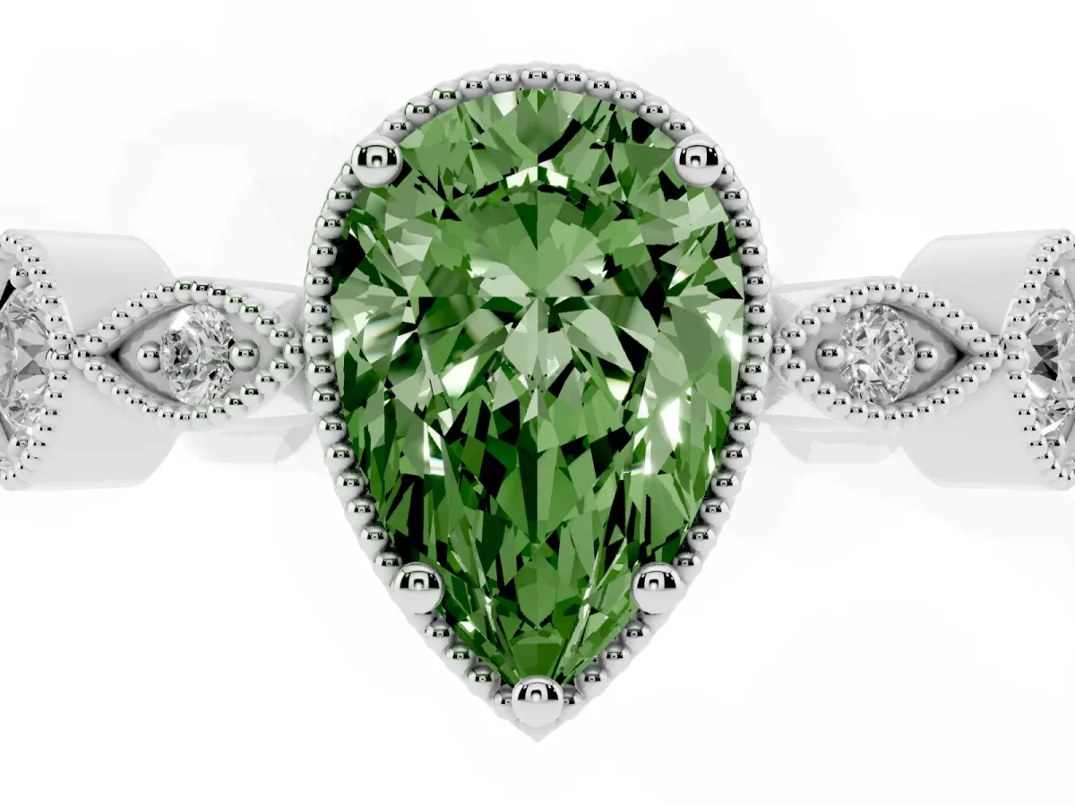 Fancy Green Pear Cut Diamond Vintage Milgrain Ring with Round Stations Platinum
