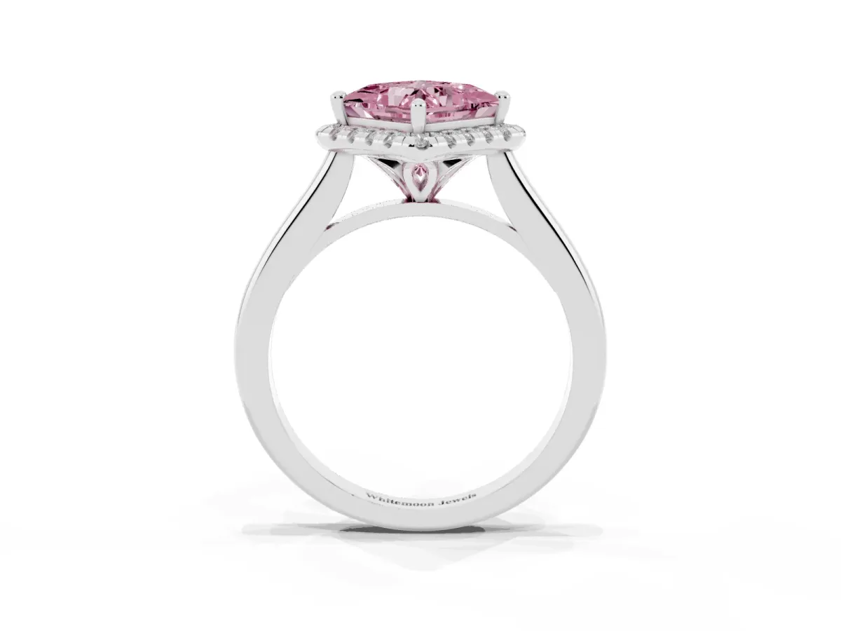 Fancy Pink Princess Cut Halo Round Diamond Solitaire Engagement Ring with Pave Band and Four-Prong Setting Platinum