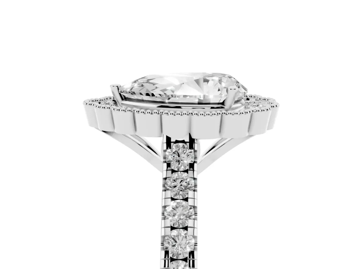 Pear Cut Cut Diamond Milgrain Floral Halo Engagement Ring with Pavé Band Silver