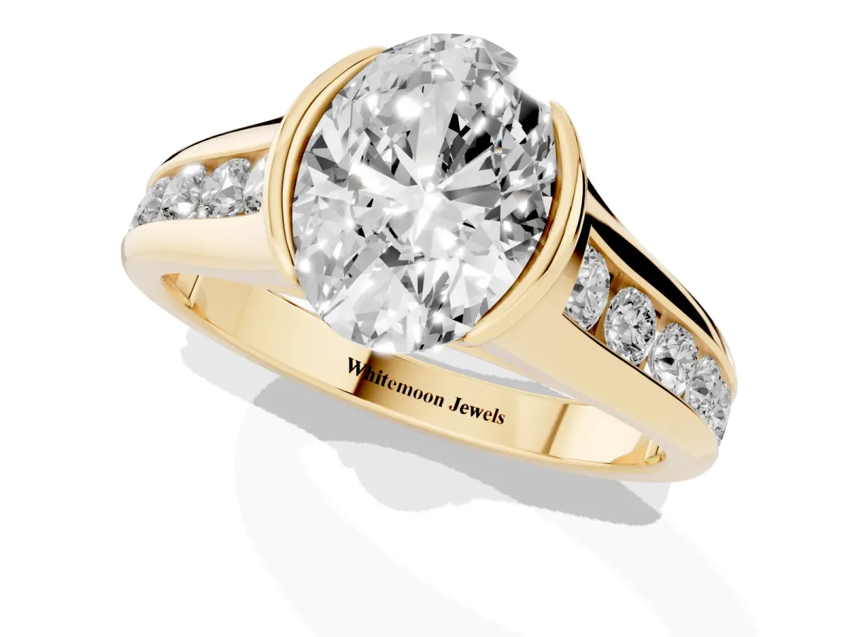 Oval Cut Solitaire Bezel-Set Diamond Ring with Channel-Set Band Yellow gold