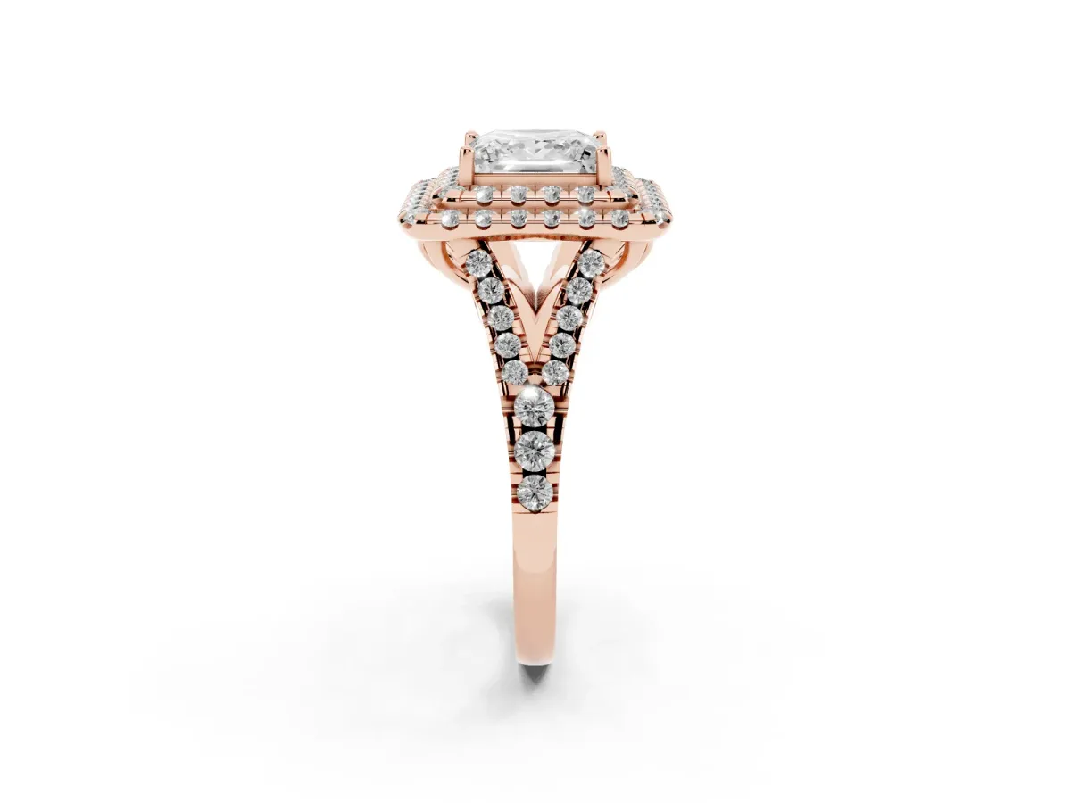 Double Halo Princess Cut Diamond Pavé Split Shank Ring with Prong Setting Rose gold