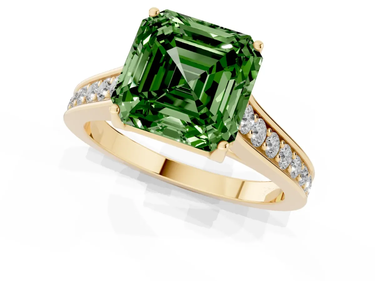 Fancy Green Asscher Cut Brilliant Cut Diamond Engagement Ring with Pavé Band and Four-Prong Setting Yellow gold