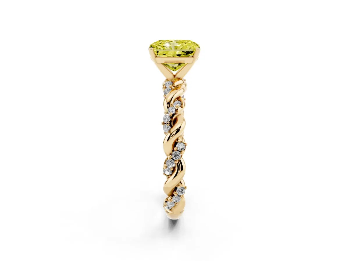 Fancy Yellow Radiant Cut Diamond Solitaire Ring with Twisted Band and Pavé Accents Yellow gold