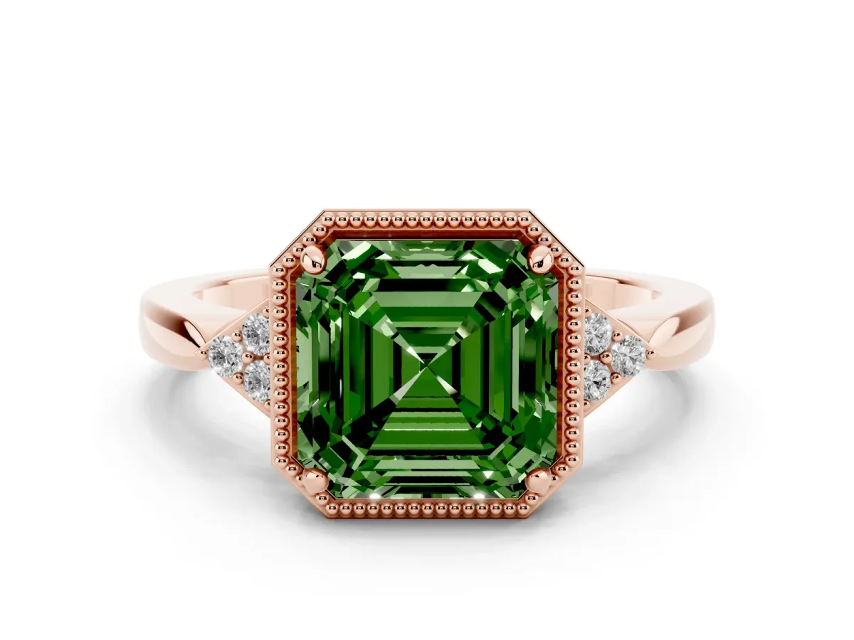 Fancy Green Asscher Cut Diamond Halo Ring with Tapered Band and Four-Prong Setting Rose gold