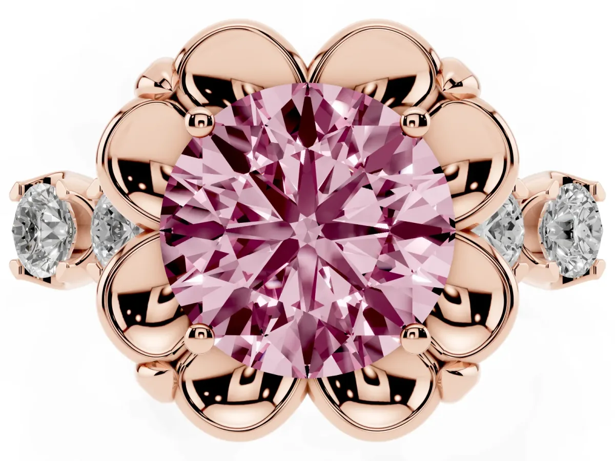 Fancy Pink Round Cut Cut Diamond Floral Halo Engagement Ring with Shared Prong Setting Rose gold