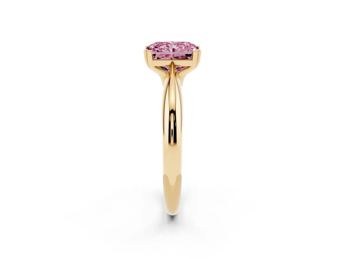 Fancy Pink Radiant Cut Cut Solitaire Engagement Ring with Tapered Band and Four-Prong Setting Yellow gold