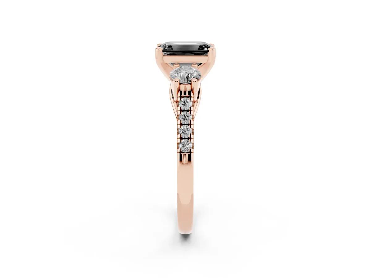 Fancy Black Three-Stone Emerald Cut Diamond Pavé Band with Four-Prong Setting Rose gold