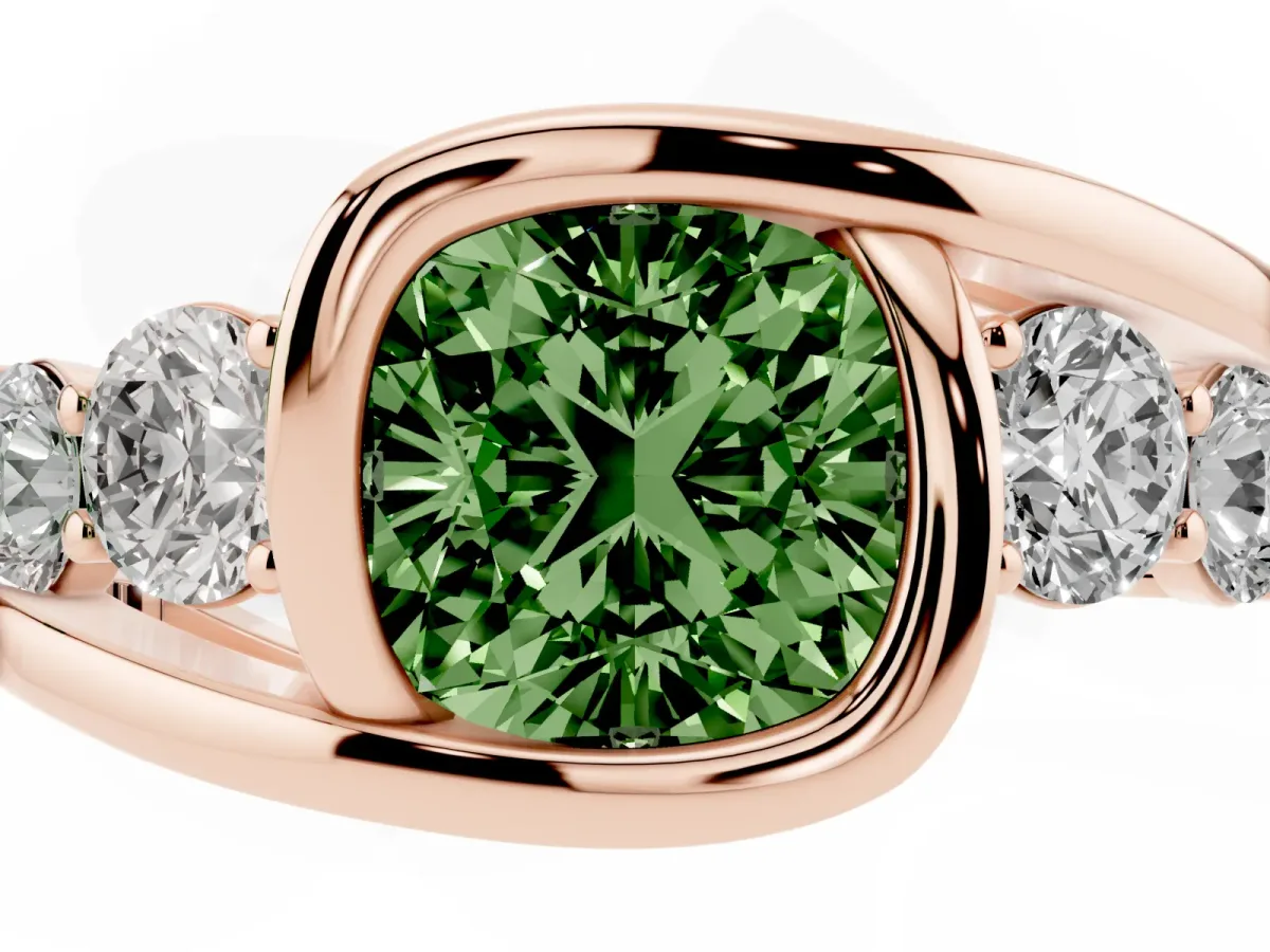 Fancy Green Bezel Set Cushion Cut Diamond Bypass Ring with Round Accents Rose gold