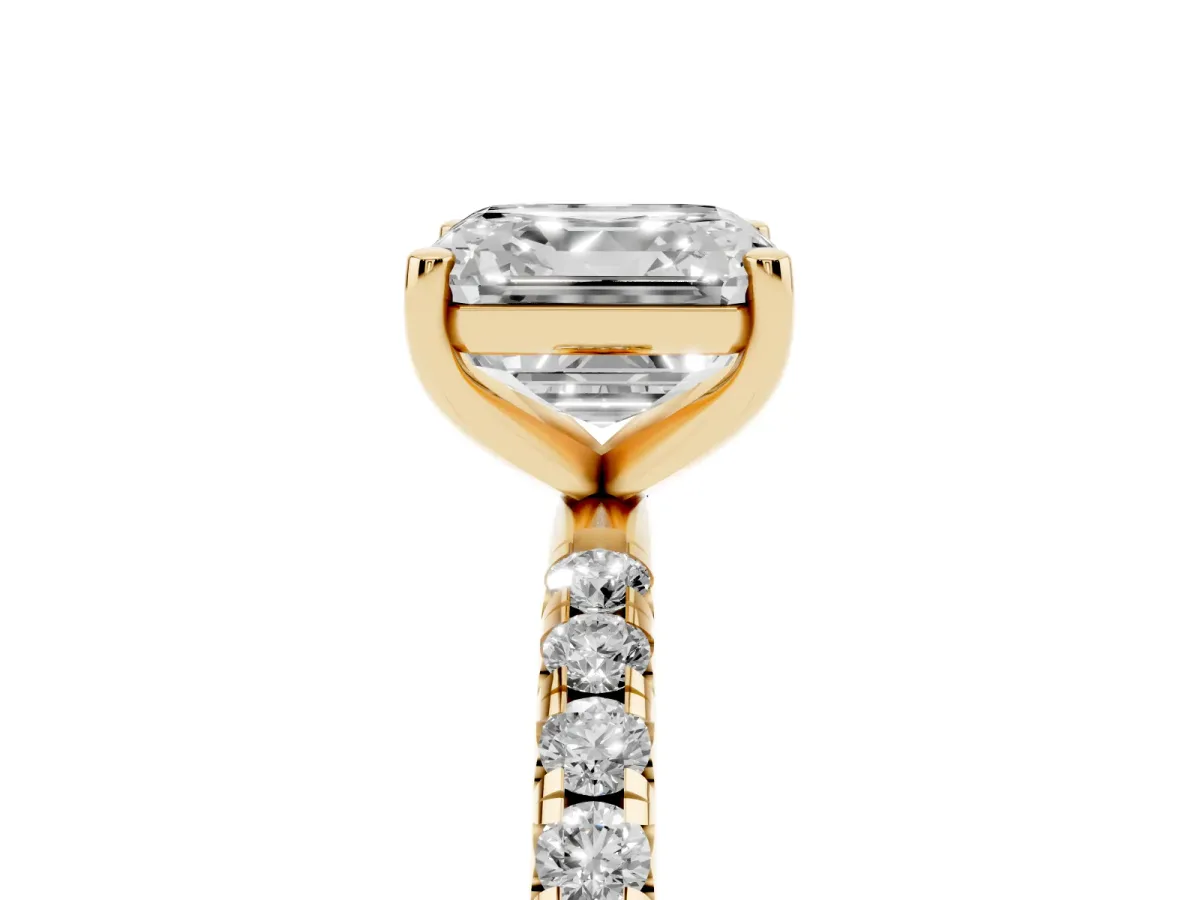 Asscher Cut Cut Diamond Solitaire Ring with Micro Pave Band and Four Prong Setting Yellow gold