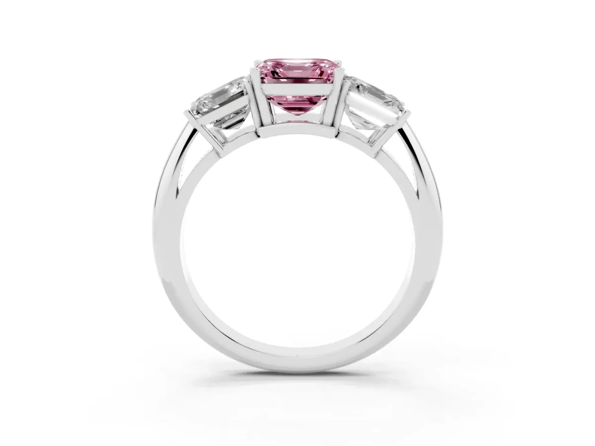 Fancy Pink Three-Stone Asscher Cut Cut Diamond Engagement Ring with Prong Setting on a White Gold Band Platinum