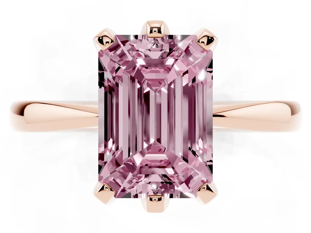 Fancy Pink Emerald Cut Solitaire Engagement Ring with Six-Prong Setting and Tapered Band Rose gold