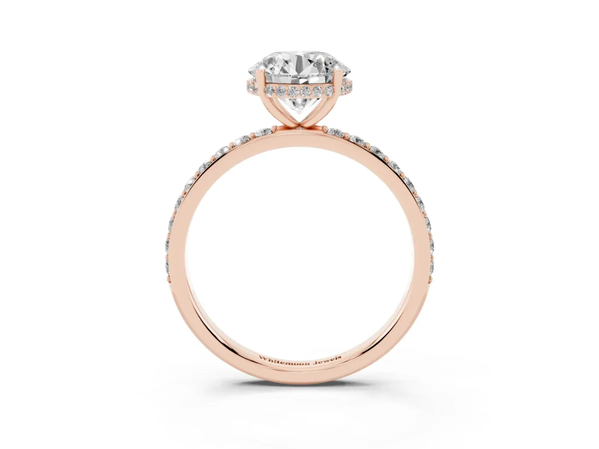 Round Cut Diamond Solitaire Ring with Pavé Band and Hidden Halo Rose gold