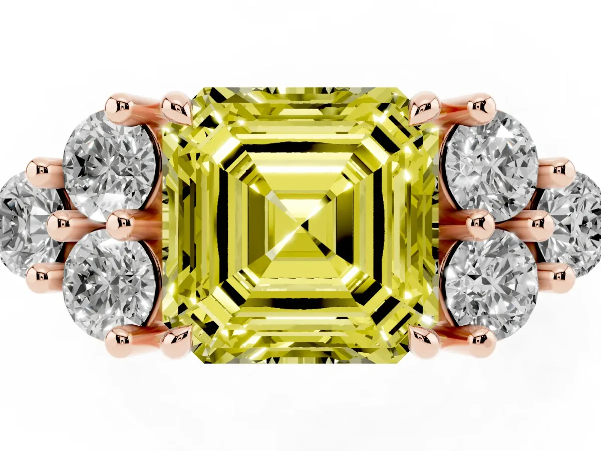 Fancy Yellow Asscher Cut Brilliant Diamond Cluster Accent Solitaire Ring with Prong Setting Rose gold