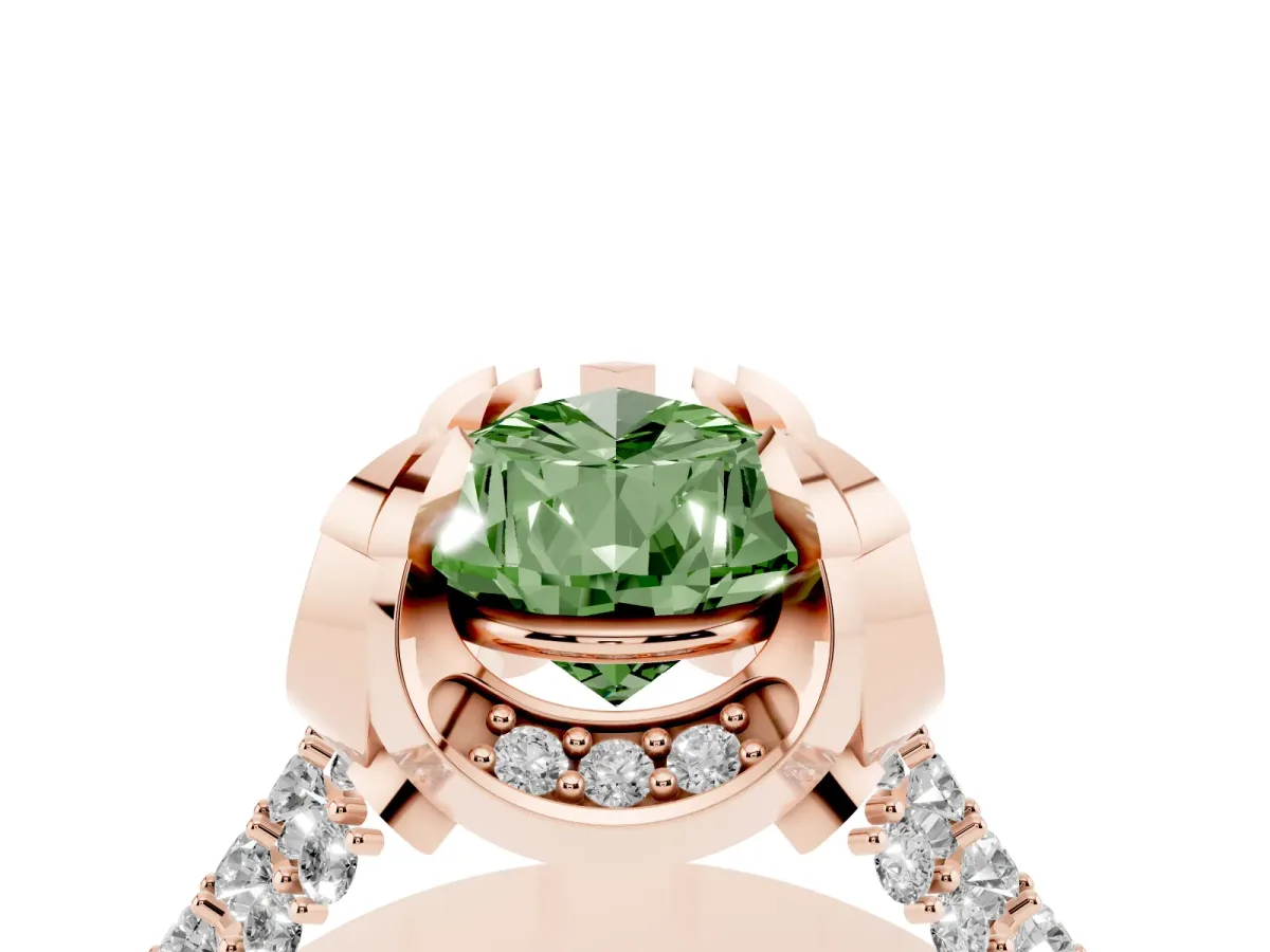 Fancy Green Pear Cut Solitaire Pave Split Shank Ring with Four-Prong Setting Rose gold