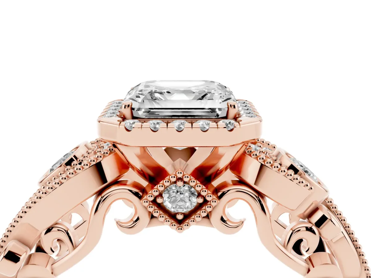 Asscher Cut Diamond Halo Ring with Milgrain Pavé Band and Four-Prong Setting Rose gold