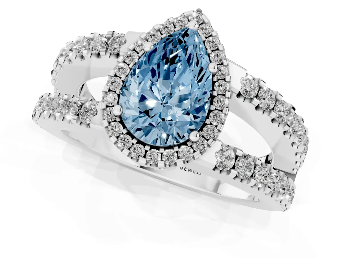 Fancy Blue Pear Cut Cut Halo Split Shank Diamond Ring with Four-Prong Setting Silver