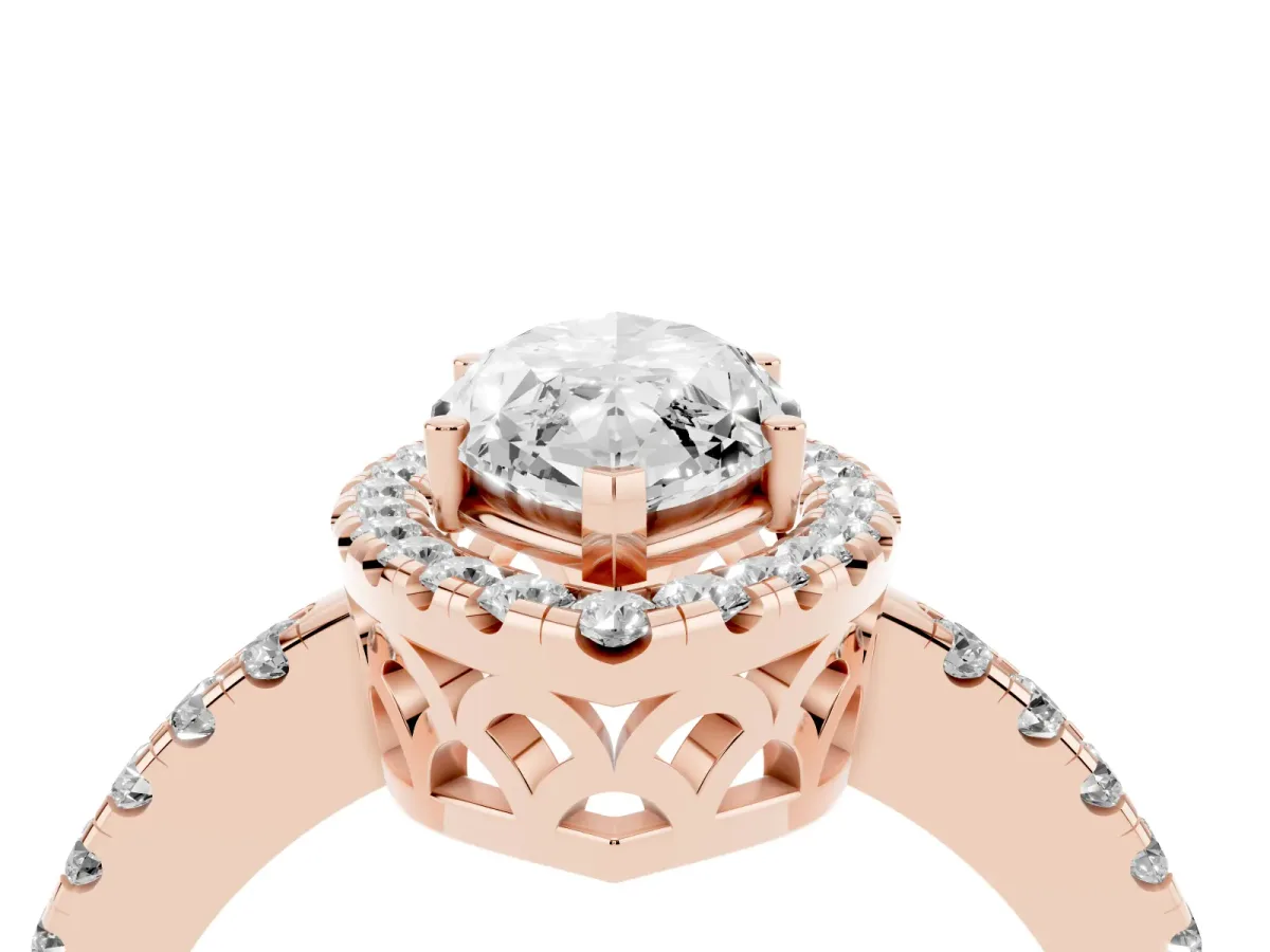 Marquise Cut Halo Diamond Engagement Ring with Pavé Band and Four-Prong Setting Rose gold