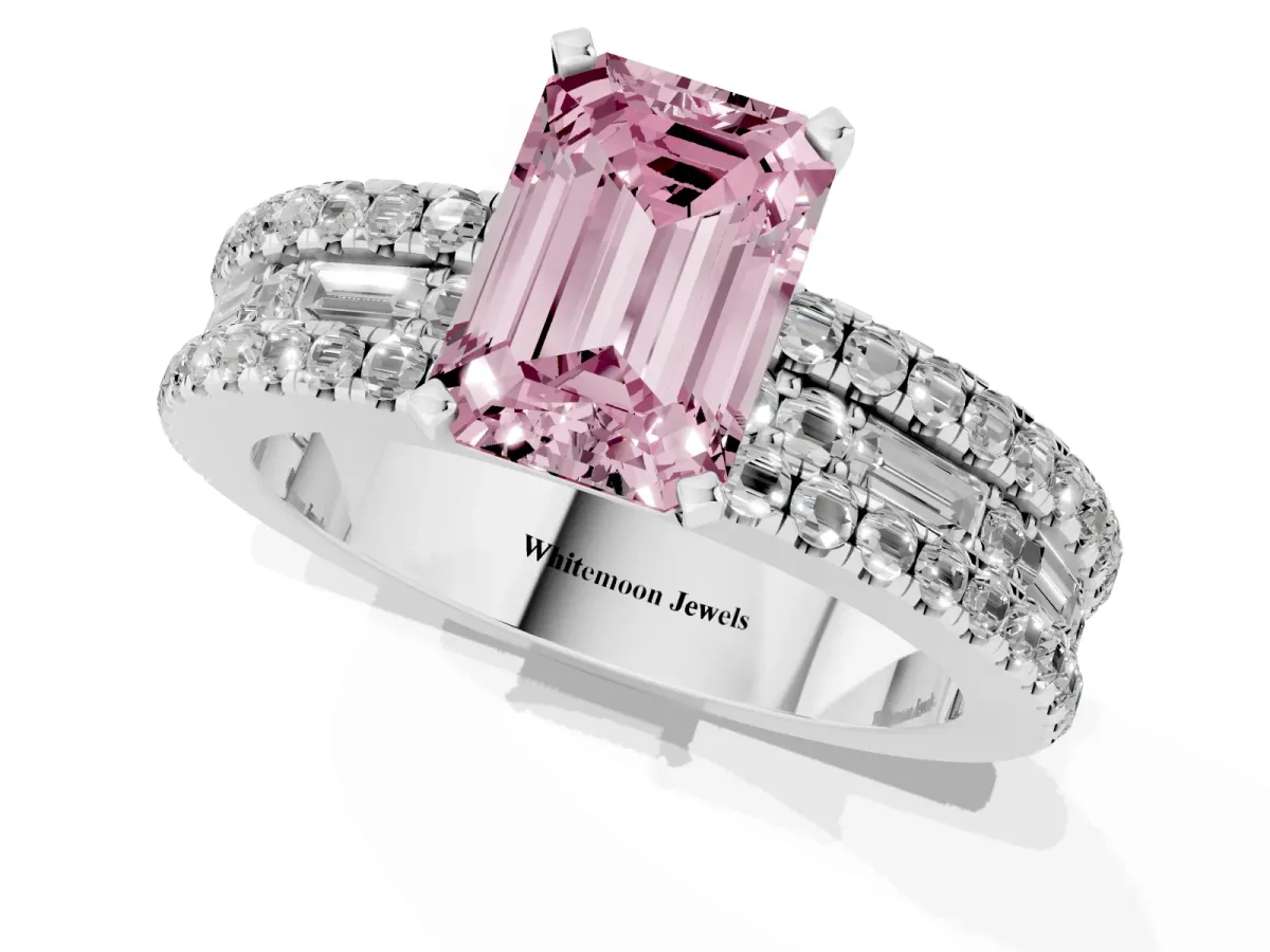 Fancy Pink Emerald Cut Diamond Solitaire Ring with Pavé and Channel Set Band Silver