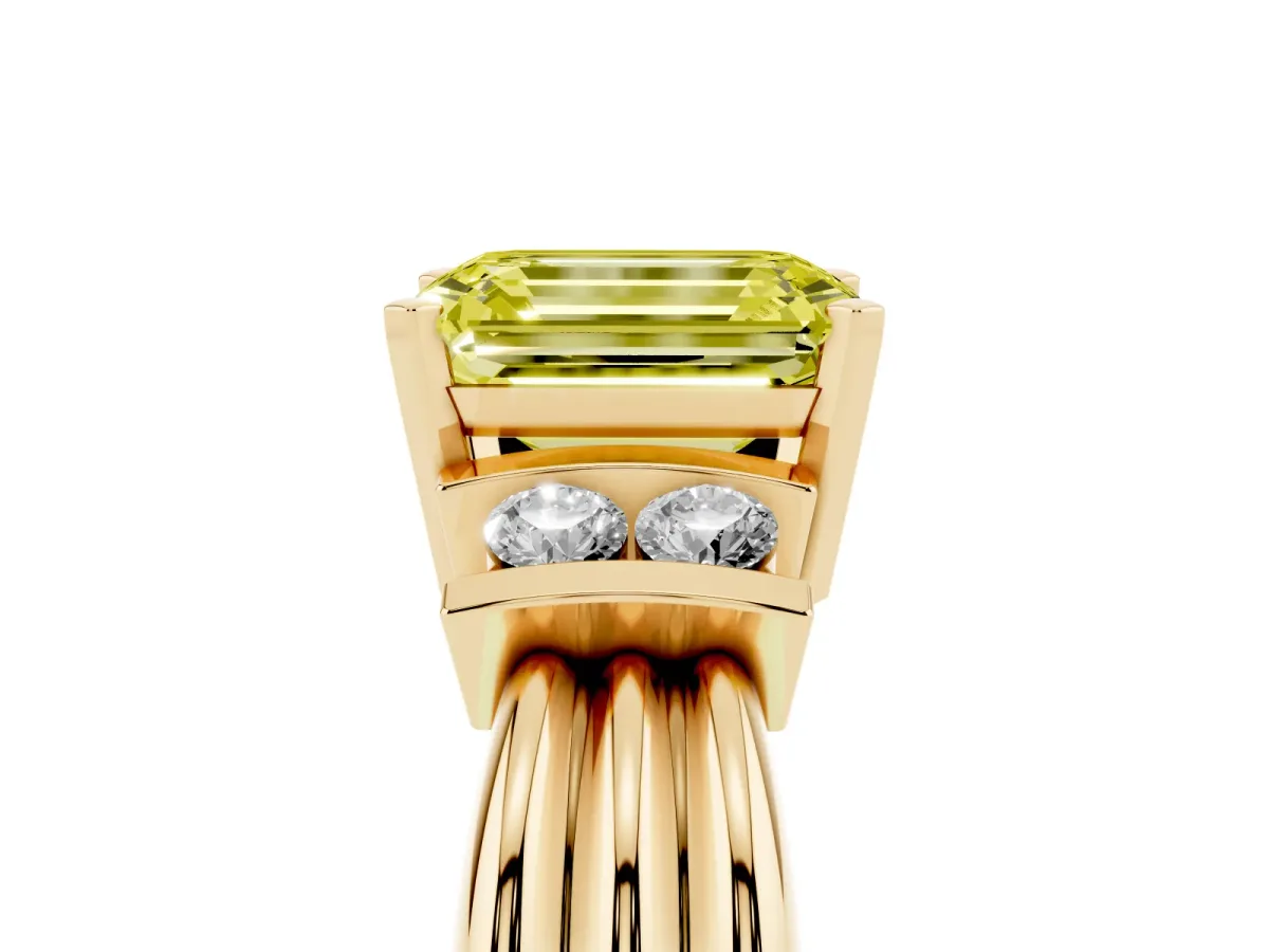 Fancy Yellow Emerald Cut Cut Three-Stone Channel Set Ring with Bar Prongs Yellow gold