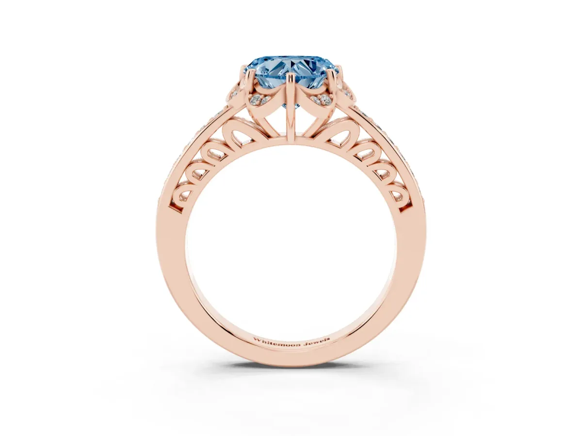 Fancy Blue Heart Cut Cut Halo Diamond Ring with Channel Set Band and Four-Prong Setting Rose gold