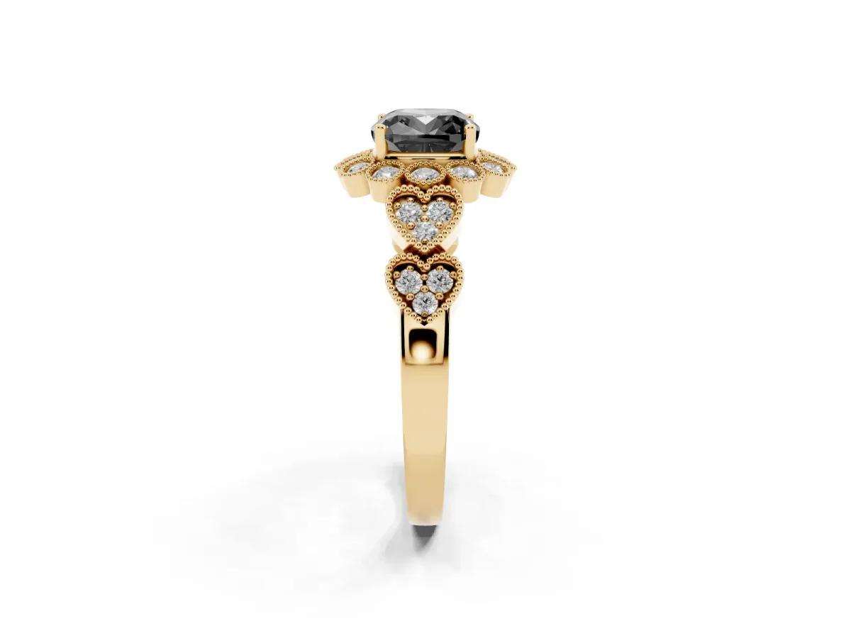 Fancy Black Cushion Cut Brilliant Milgrain Pave Heart Band Solitaire Ring Yellow gold