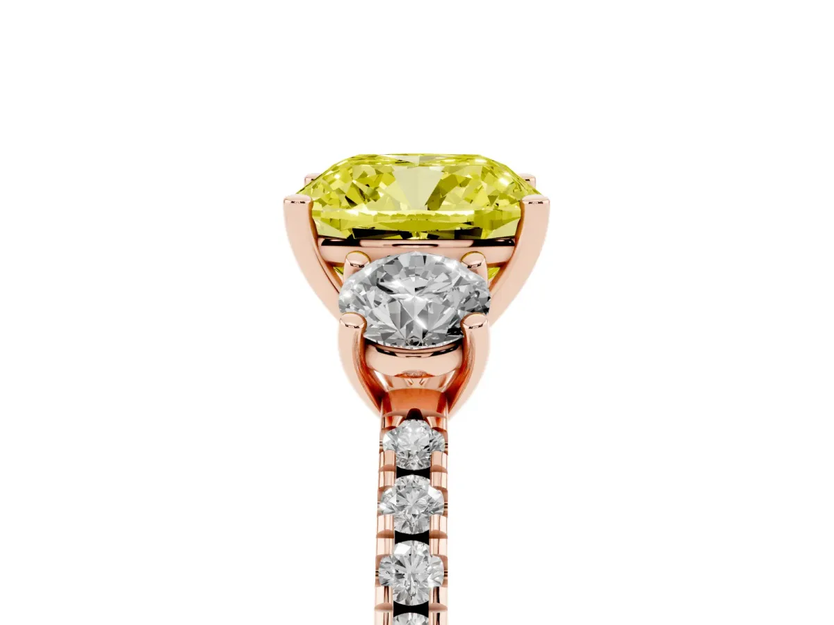 Fancy Yellow Three-Stone Cushion Cut Cut Diamond Pavé Band with Prong Setting Rose gold