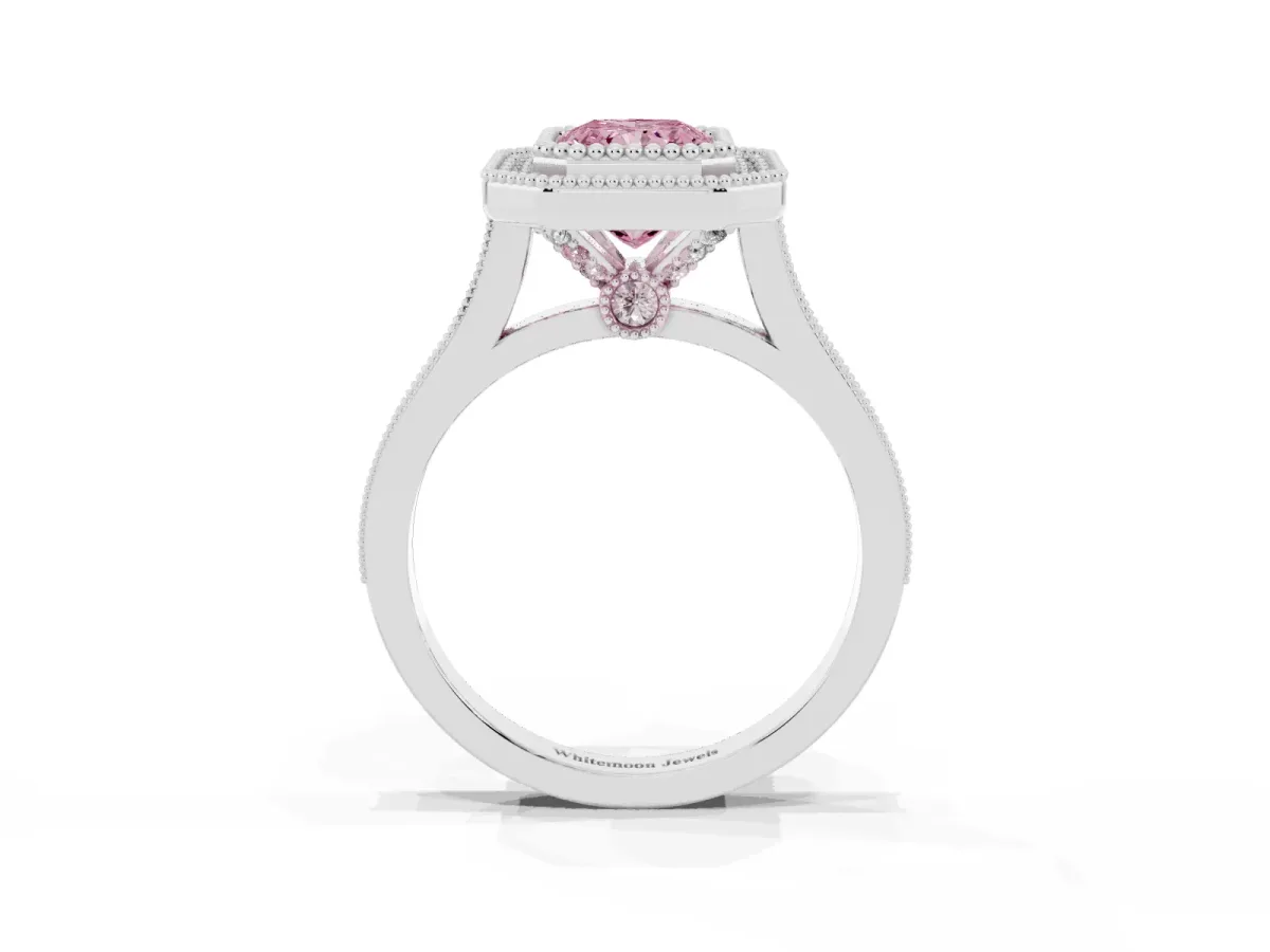 Fancy Pink Radiant Cut Diamond Halo Ring with Milgrain Frame and Pavé Band White gold