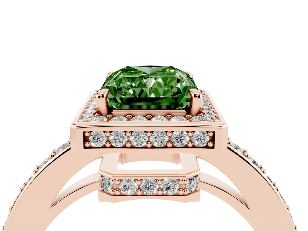 Fancy Green Radiant Cut Halo Pave Band Solitaire Ring with Prong Setting Rose gold