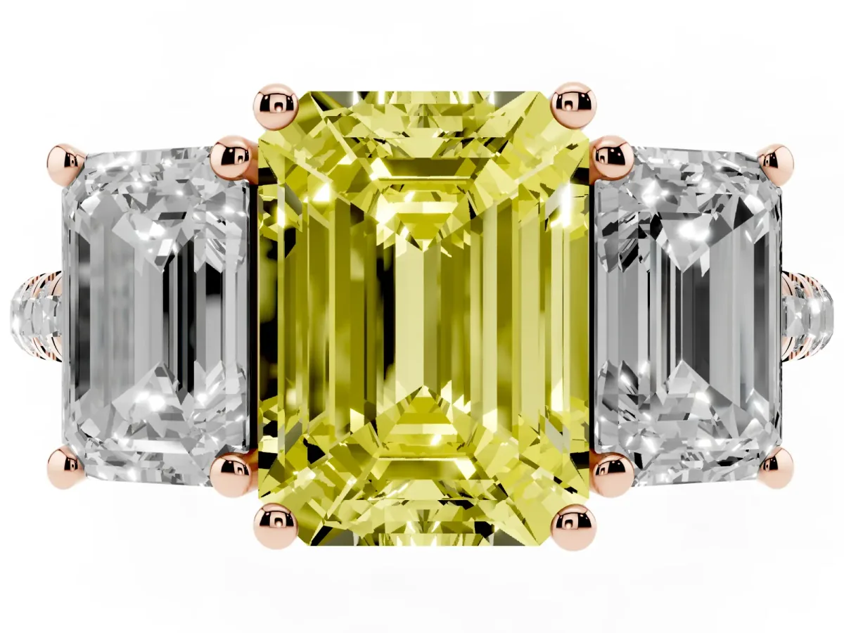 Fancy Yellow Three-Stone Emerald Cut Diamond Ring with Round Pavé Band and Prong Setting Rose gold