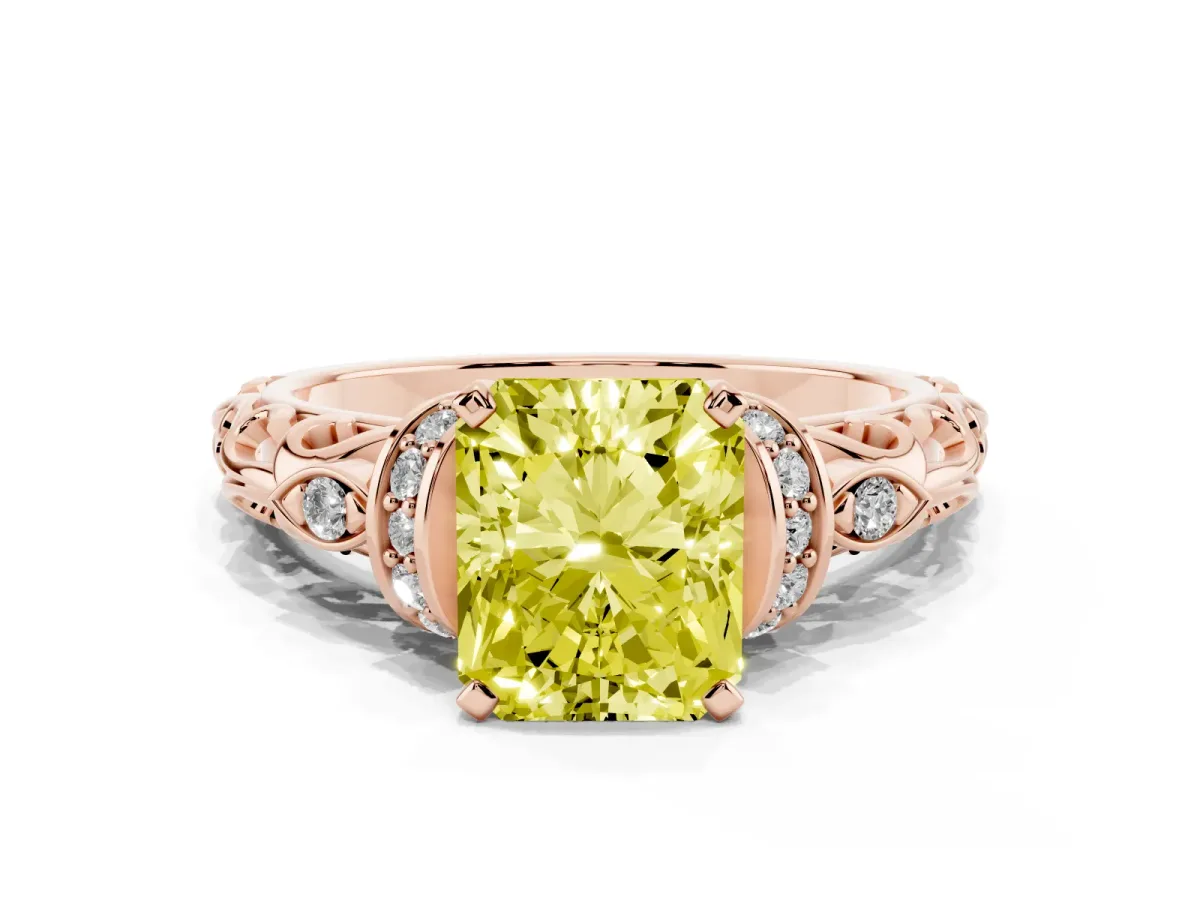 Fancy Yellow Radiant Cut Diamond Solitaire Ring with Filigree Band and Four-Prong Setting Rose gold