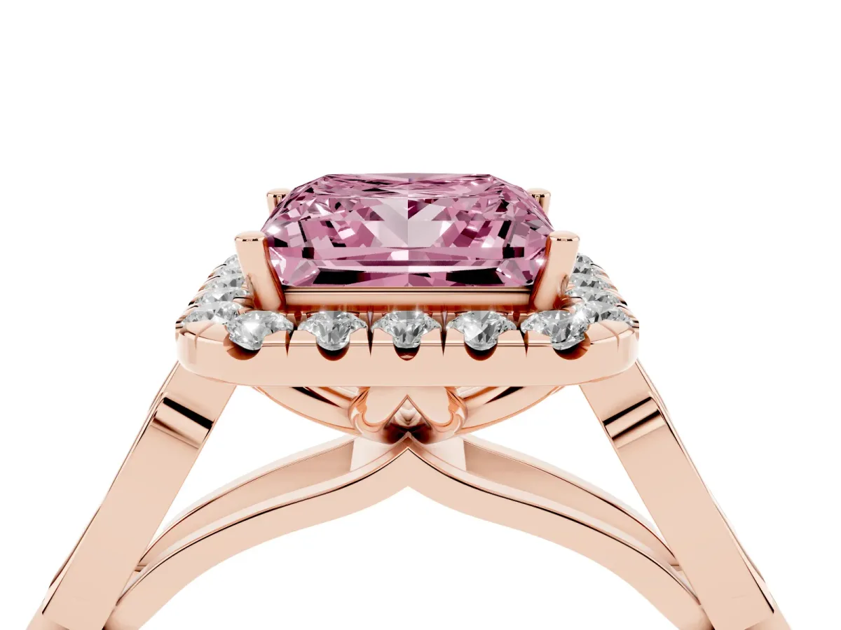 Fancy Pink Princess Cut Halo Diamond Engagement Ring with Filigree Band and Four-Prong Setting Rose gold