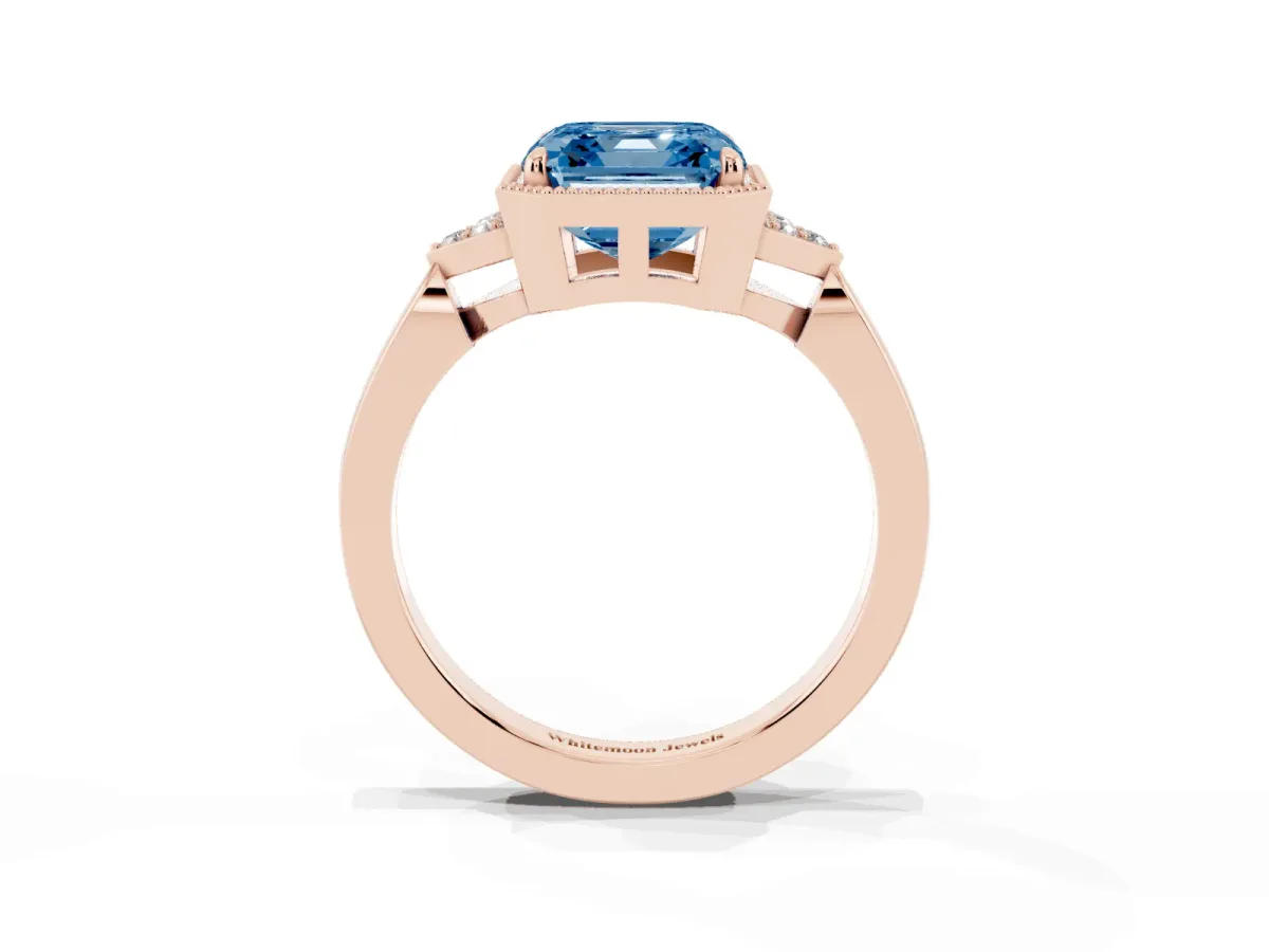 Fancy Blue Asscher Cut Diamond Halo Ring with Tapered Band and Four-Prong Setting Rose gold