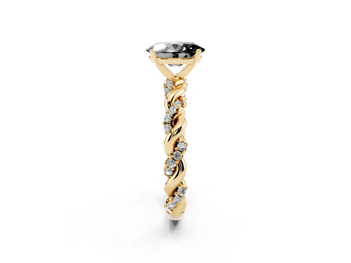 Fancy Black Oval Cut Diamond Solitaire Ring with Twisted Band and Pavé Accents Yellow gold