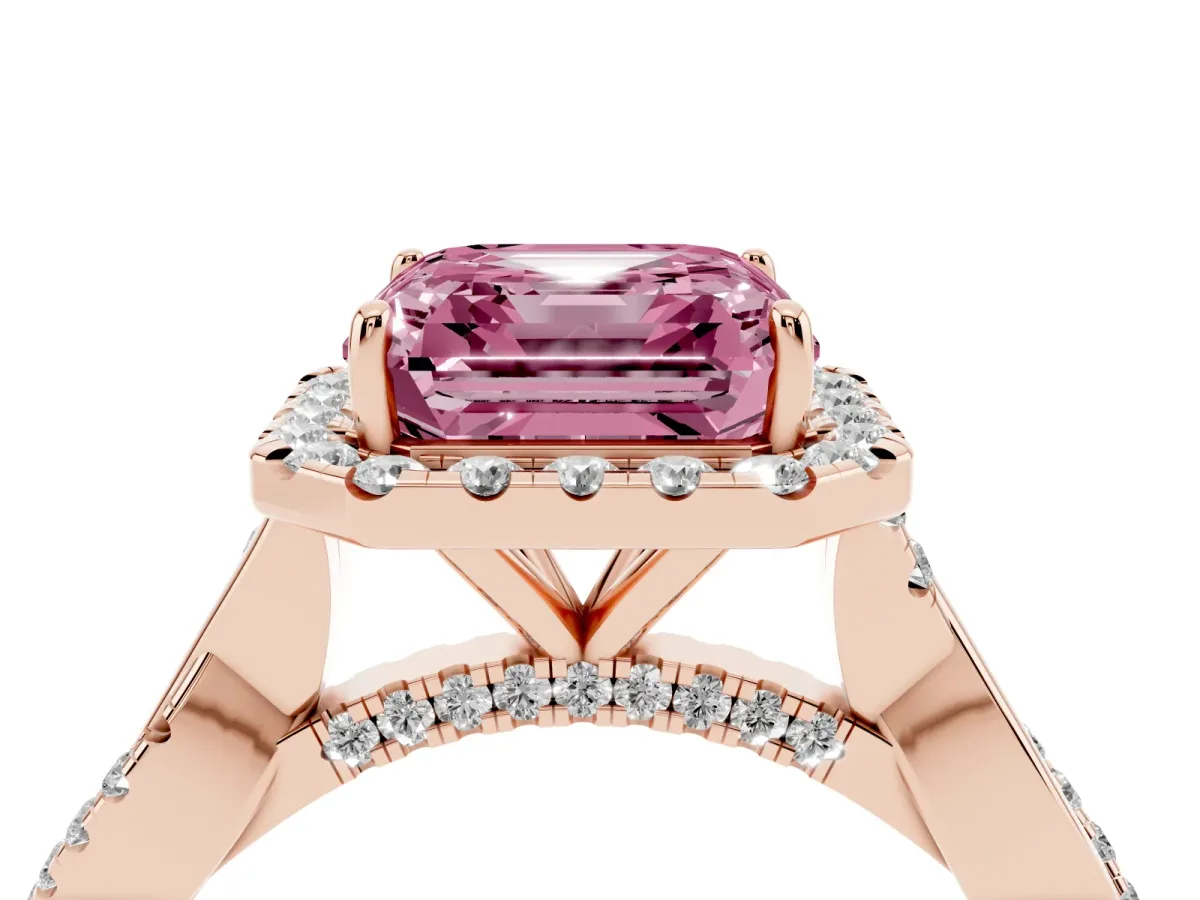Fancy Pink Asscher Cut Halo Twist Band Solitaire Ring Rose gold