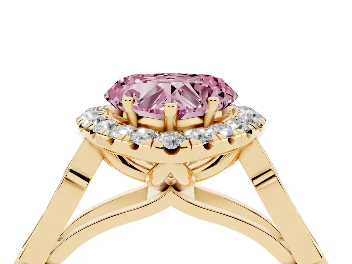 Fancy Pink Heart Cut Halo Diamond Engagement Ring with Filigree Band and Four-Prong Setting Yellow gold
