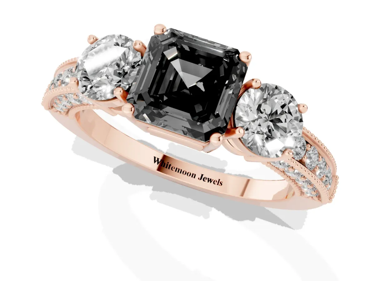 Fancy Black Asscher Cut Three-Stone Diamond Ring with Pavé Band and Four-Prong Setting Rose gold
