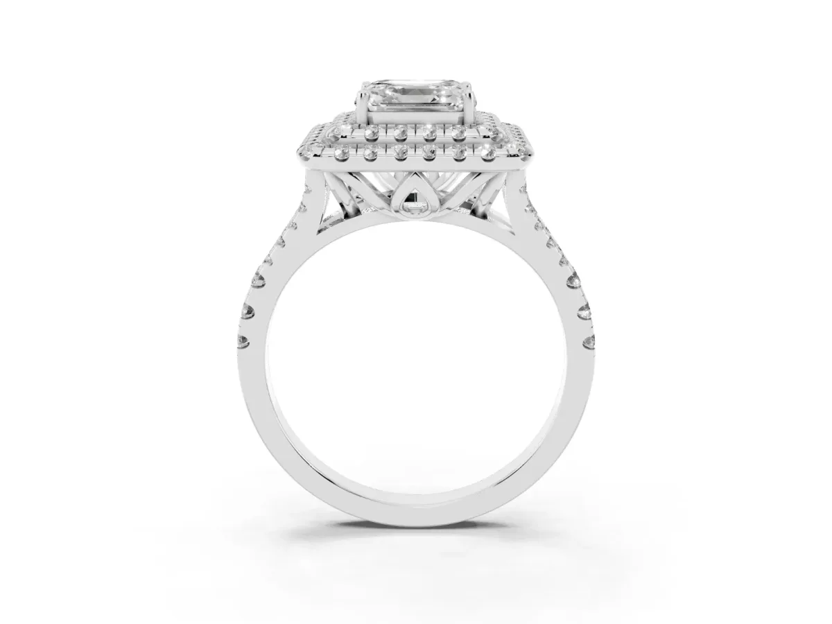 Double Halo Asscher Cut Diamond Pavé Split Shank Ring with Prong Setting Silver
