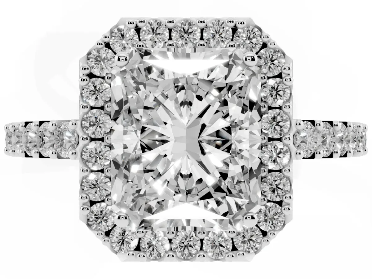 Radiant Cut Halo Diamond Pavé Solitaire Ring Silver