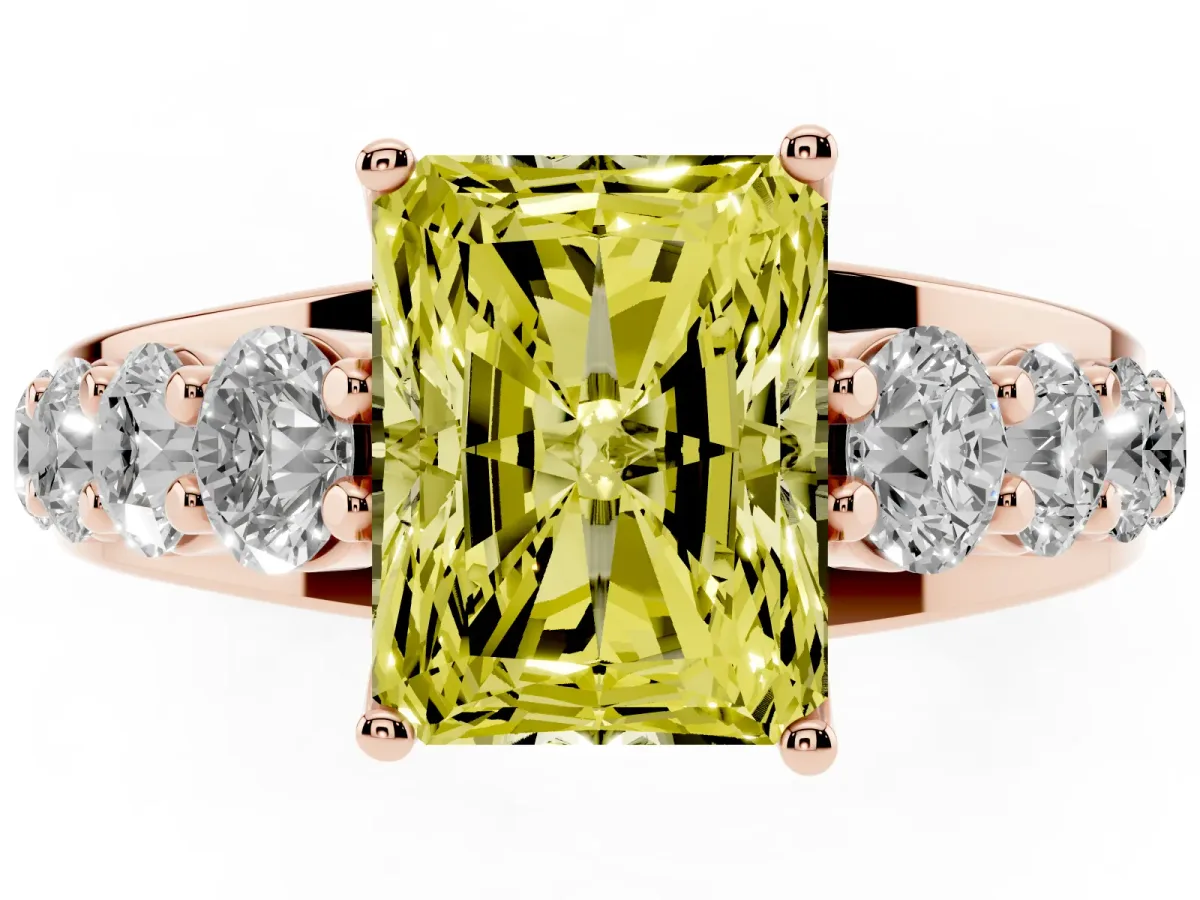 Fancy Yellow Radiant Cut Diamond Engagement Ring with Pavé Band and Four-Prong Setting Rose gold