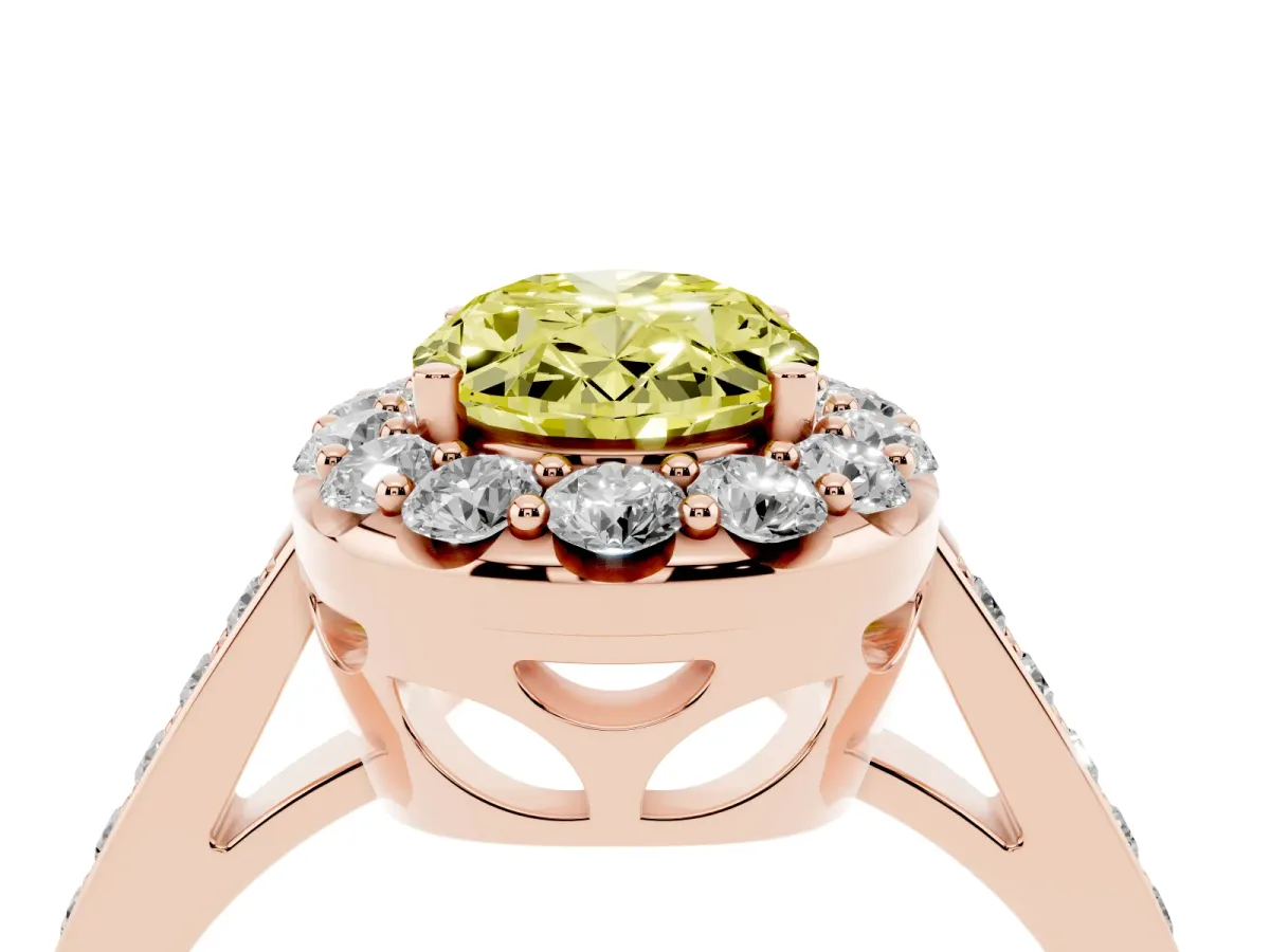 Fancy Yellow Oval Cut Diamond Floral Halo Ring with Pavé Band and Prong Setting Rose gold