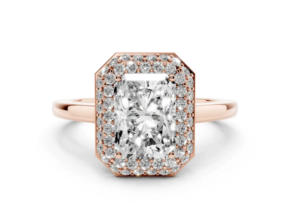 Radiant Cut Halo Diamond Engagement Ring with Solitaire Band and Four-Prong Setting Rose gold